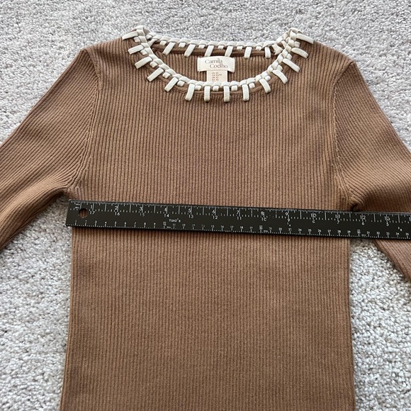Camila Coelho Ribbed Knit Sweater Womens XS Brown Trim Neck Pullover - Picture 7 of 11